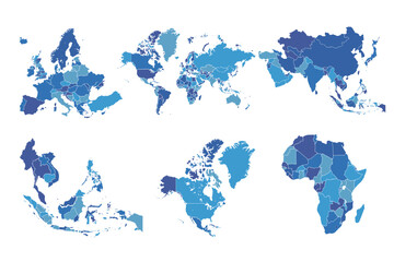 World map. Blue tones map. Continents of the world on white background.