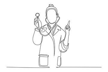 Single one line drawing beauty female doctor holding stethoscope and raising index finger at hospital. Medical health care service excellence. Continuous line draw design graphic vector illustration
