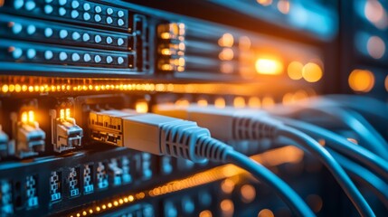 Naklejka premium Organized UTP and Ethernet Cables in a Data Center Rack Cabinet