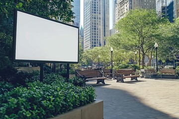Fototapeta premium A serene city pathway lined with vibrant greenery and a blank billboard, flanked by modern skyscrapers that reflect the urban environment's calm serenity.