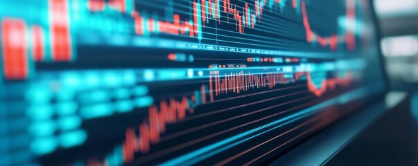 AI-driven financial market analysis, holographic stock data, futuristic investment hub