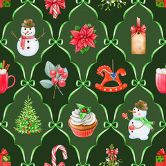 Christmas season festive decor seamless pattern. Hand drawn fir tree, mistletoe, snowman, winter sweets and treats. Winter time vintage style bright decor tile ornament seamless pattern design