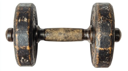 Isolated from background, old heavy beaten gym dumbbell hand weights with rubber surface. Sports, fitness, bodybuilding, wellbeing and weight lifting related isolated background