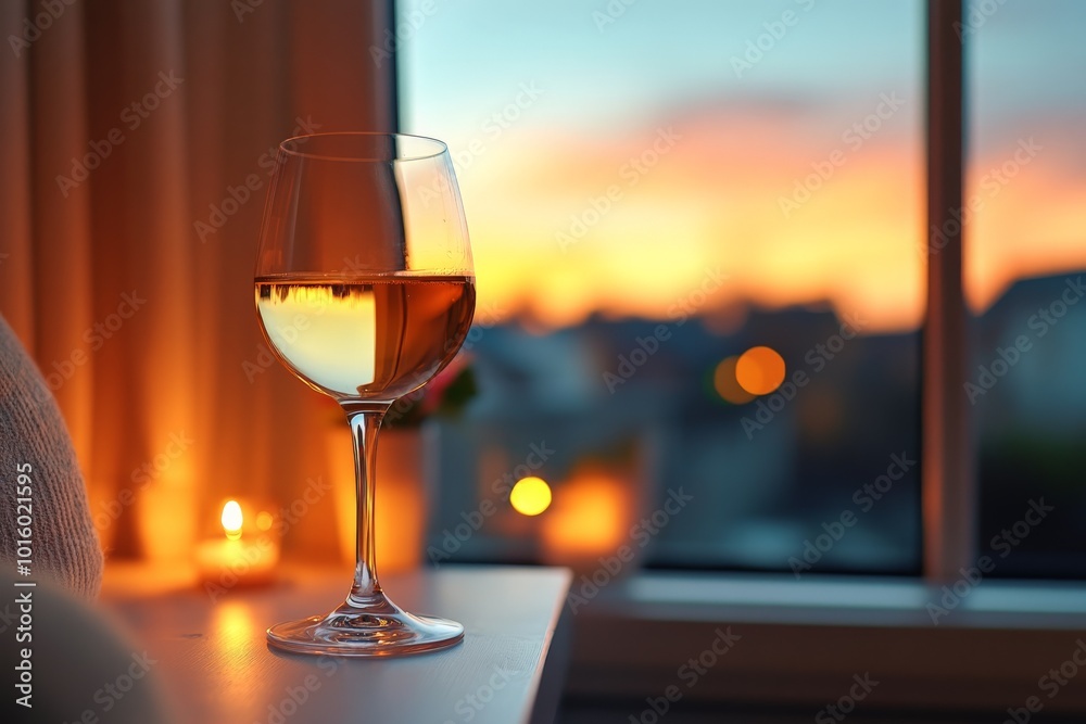 Poster a wine glass sits on a table, with a beautiful sunset visible through the window, creating a warm an