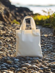 Minimalistic Blank Tote Bag on Pebble Pathway