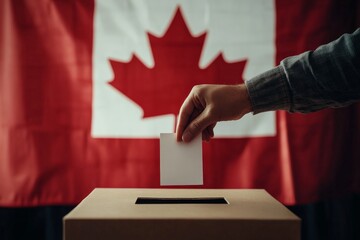 Obraz premium An individual is captured casting their vote into a ballot box, with the background featuring a Canadian flag symbolizing democracy and the civic duties of citizens.