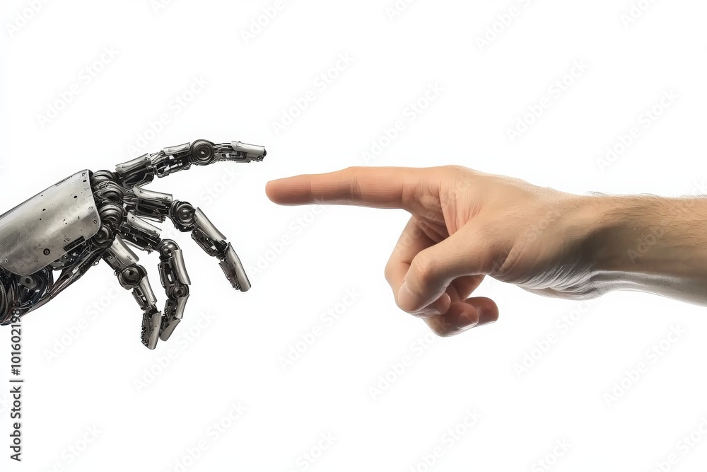 Fototapete a robotic hand extends towards a human finger in a minimalist white space, symbolizing the connectio