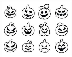 Halloween pumpkin head. Pumpkin with evil face. Halloween pumpkins with smirk smile. Vector stock illustration outline style for sticker, wall decor, hanging door decoration.