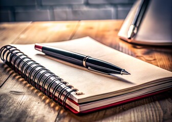 A striking pen rests on an open notebook, inviting creative inspiration and writing. The minimalist composition encourages reflection and the birth