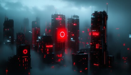 Futuristic Cityscape in Red Fog