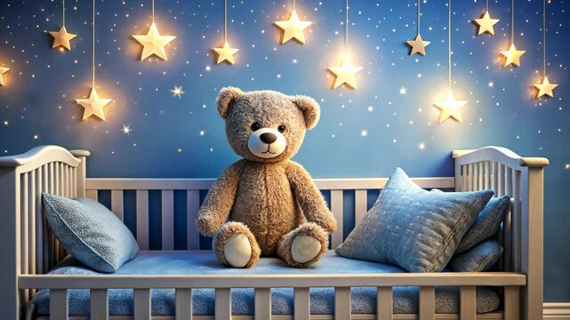 Cozy teddy bear in bed with starry bedding in a childs bedroom, warm and comforting nursery decor featuring soft plush toy, stars, and calming blue walls