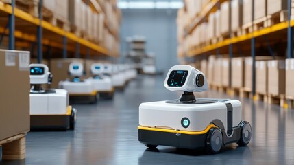 AI-enhanced logistics robots, managing global supply chains, futuristic warehouse
