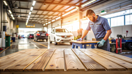 Fototapeta premium Empty wood table top blurred worker car in the garage background