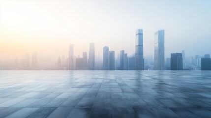 Vibrant Sunrise Over Urban Skyline, a breathtaking view of downtown buildings illuminated by the soft hues of dawn, showcasing a serene empty floor below, evoking tranquility and potential.