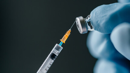 A healthcare professional prepares syringe with vaccine from vial, showcasing importance of immunization and medical care. This image highlights critical role of vaccinations in public health