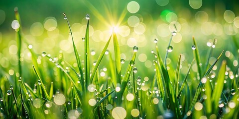 Fototapeta premium In the soft morning light, a vibrant green meadow sparkles with dew drops, radiating nature's pure beauty and freshness in a tranquil, inviting
