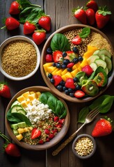 colorful diverse food arrangement highlighting nutritional balance fresh ingredients textures visually appealing meal presentation, appetizing, assortment