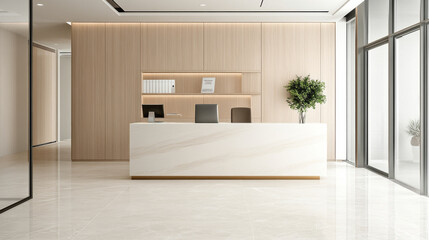 Modern reception area with sleek design, featuring minimalist white desk, wooden paneling, and large windows allowing natural light. space exudes professionalism and tranquility