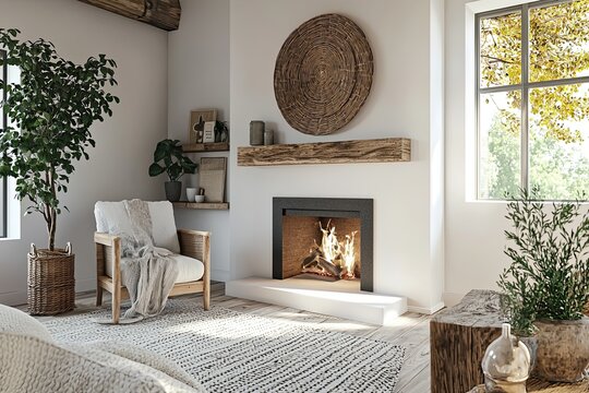 Modern living room interior with fireplace and armchair.