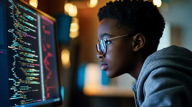 A Black school pupil studying coding at a computer, focusing on digital skills in education. Promoting inclusivity in learning about AI and cyber security - Powered by Adobe