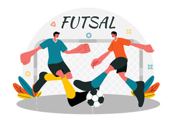 Futsal, Soccer, or Football Vector Illustration Featuring Players Shooting and Dribbling the Ball in a Championship Sports Scene with a Background