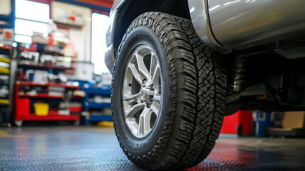 Brand new tire displayed in auto repair shop, Car repair shop