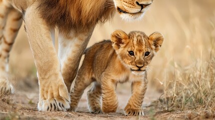 Naklejka premium A lion and a cub walking together in the grassland, showcasing their bond and natural habitat.