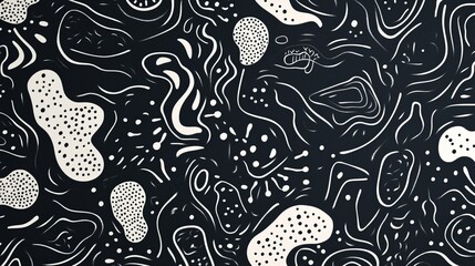 Naklejka premium Abstract black and white cartoon pattern design on dark background, ideal for creative wallpapers, graphic design projects, and contemporary art backgrounds 