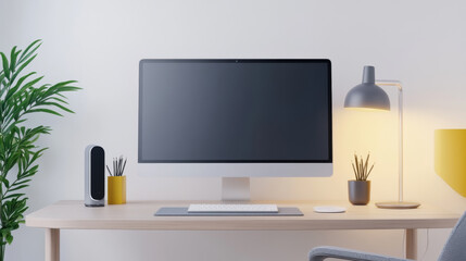 A modern workspace featuring sleek computer monitor, stylish desk lamp, and decorative plants. minimalist design creates calm and productive atmosphere