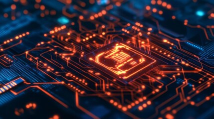 AI-optimized blockchain security, visualized in glowing circuits, advanced tech hub