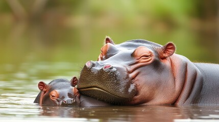 Adorable hippos resting together in a serene water setting, showcasing their unique expressions and bond.