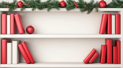 Christmas themed bookshelf with red books and festive decorations.