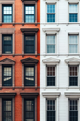 Fototapeta premium architecture by ai, facades of two buildings with different colors, large windows, deep orange red and white, new york city, urban building, photorealistic
