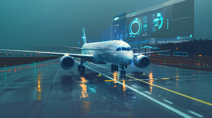 Futuristic airplane on runway under twilight sky with holographic UI showcasing flight statistics and travel cost reduction data