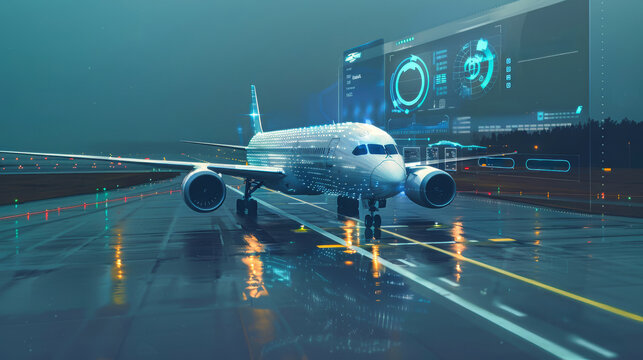 Futuristic airplane on runway under twilight sky with holographic UI showcasing flight statistics and travel cost reduction data - Powered by Adobe