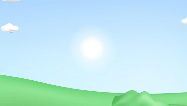 3d landscape mountain and hills video animation, cloud and sun. Nature parallax motion footage 2d animation.
