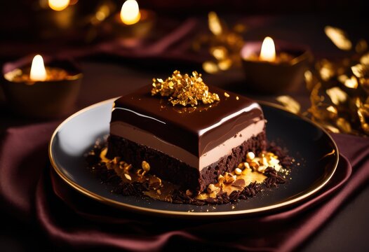 elegant chocolate dessert bathed warm soft lighting highlighting rich texture decadent layers opulent presentation, cake, gourmet, indulgent, slice, luxury