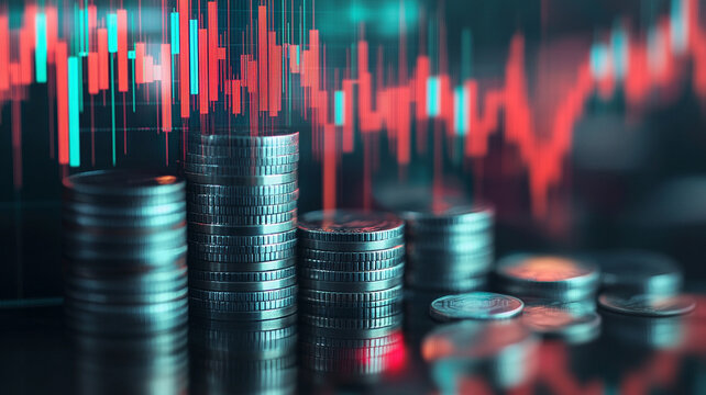 Stacks of coins are displayed with double exposure of fluctuating financial graphs, symbolizing investment and economic trends. image captures essence of finance and market dynamics