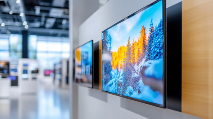Modern wall mounted OLED TVs showcase vibrant images in sleek electronics store, enhancing shopping experience with stunning visuals and contemporary design