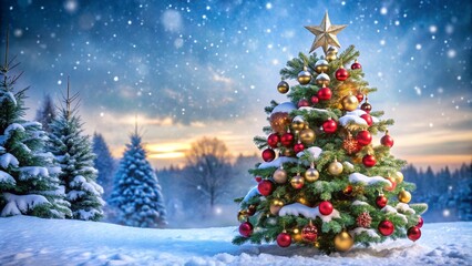 Obraz premium A beautifully decorated Christmas tree stands outdoors in a snowy landscape, adorned with red and gold ornaments. Snow gently falls, creating a peaceful and festive winter wonderland scene.