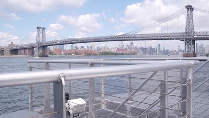 New York City skyline from ferry boat. Manhattan midtown highrise skyscrapers view from ferryboat....