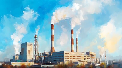 Obraz premium Industrial Plant with Smoke Stack Emissions in a Blue Sky.