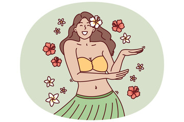 Beautiful girl in exotic outfit dances hula relaxing at Hawaiian resort or theme party in nightclub. Woman with flower in hair performs Hawaiian dance to greet tourists visiting tropical island