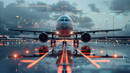 A modern airplane on the runway with floating holograms displaying flight data against a panoramic airport backdrop at twilight