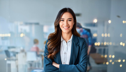 a confident businesswoman standing with her arms crossed in a modern office environment. She has long, wavy dark hair and is dressed in a smart blue blazer, business presentations, leadership