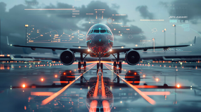 A modern airplane on the runway with floating holograms displaying flight data against a panoramic airport backdrop at twilight