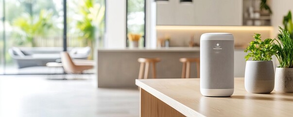 AI-powered home automation system, voice-controlled assistant, sleek modern home