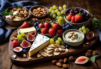 vibrant cheese board display featuring assorted fresh colorful accompaniments, appetizer, arrangement, colors, decorative, delicacies, edible, experience