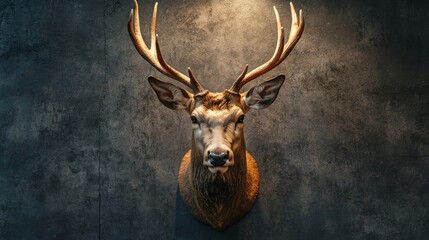 A mounted deer head with antlers against a dark background with a single spotlight illuminating it.