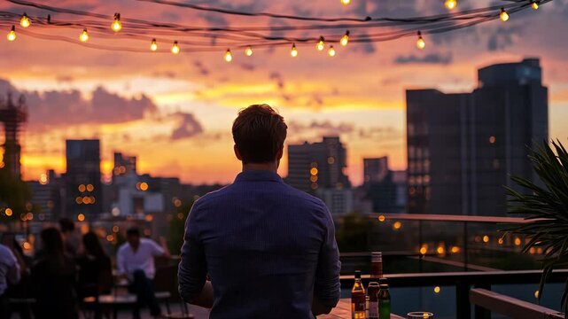 A man, seen from behind, stands at a rooftop party during sunset. The image captures social interaction, cityscape views, and a festive atmosphere with string lights